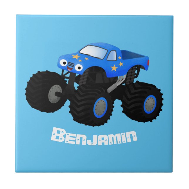 Cute blue monster truck cartoon illustration ceramic tile (Front)