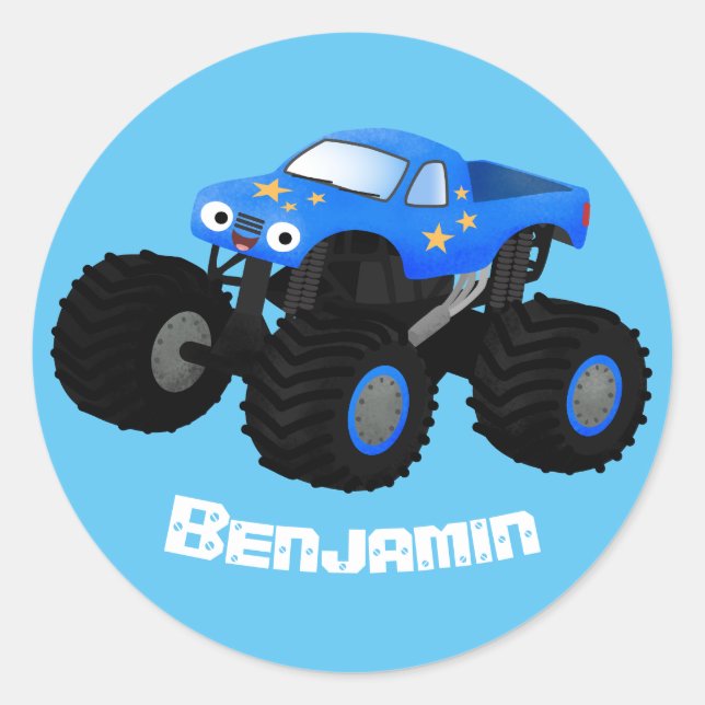 Cute blue monster truck cartoon illustration classic round sticker (Front)