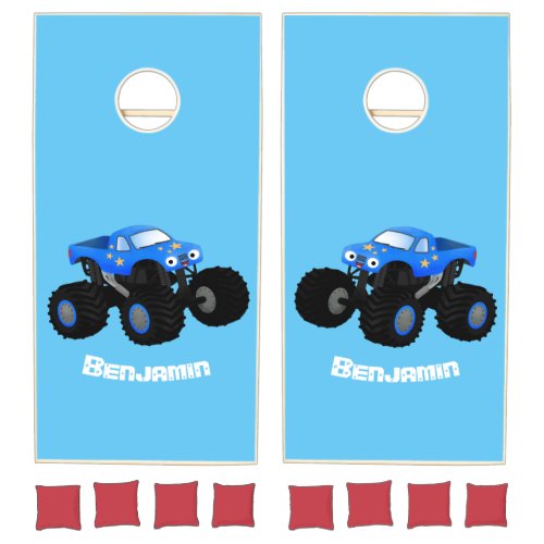 Cute blue monster truck cartoon illustration cornhole set