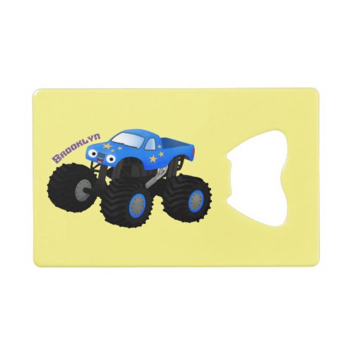 Cute blue monster truck cartoon illustration credit card bottle opener