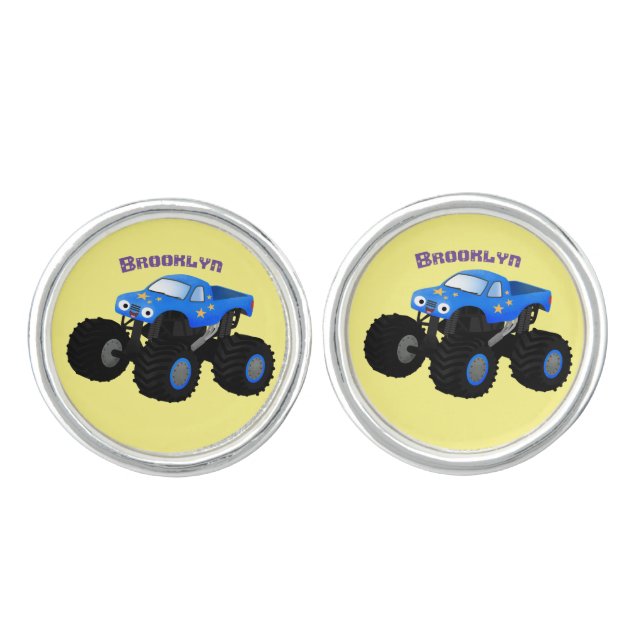 Cute blue monster truck cartoon illustration cufflinks (Front)