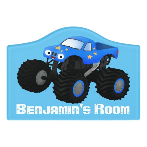 Cute blue monster truck cartoon illustration door sign