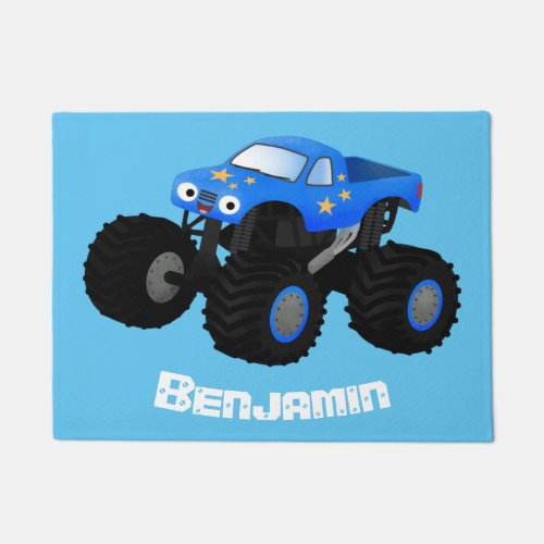 Cute blue monster truck cartoon illustration doormat