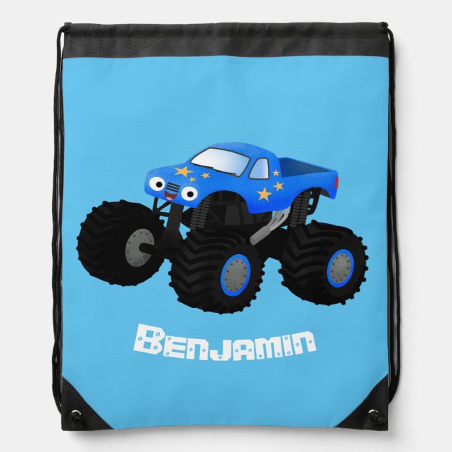 Cute blue monster truck cartoon illustration drawstring bag (Front)
