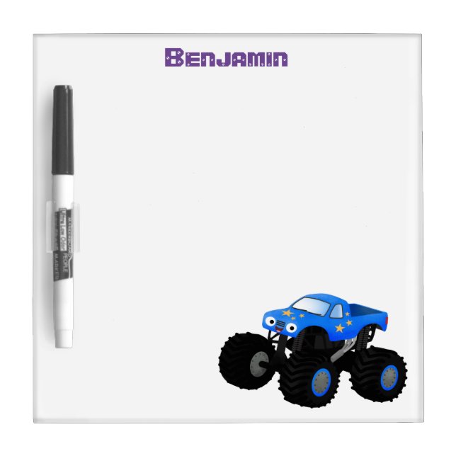 Cute blue monster truck cartoon illustration dry erase board (Front)