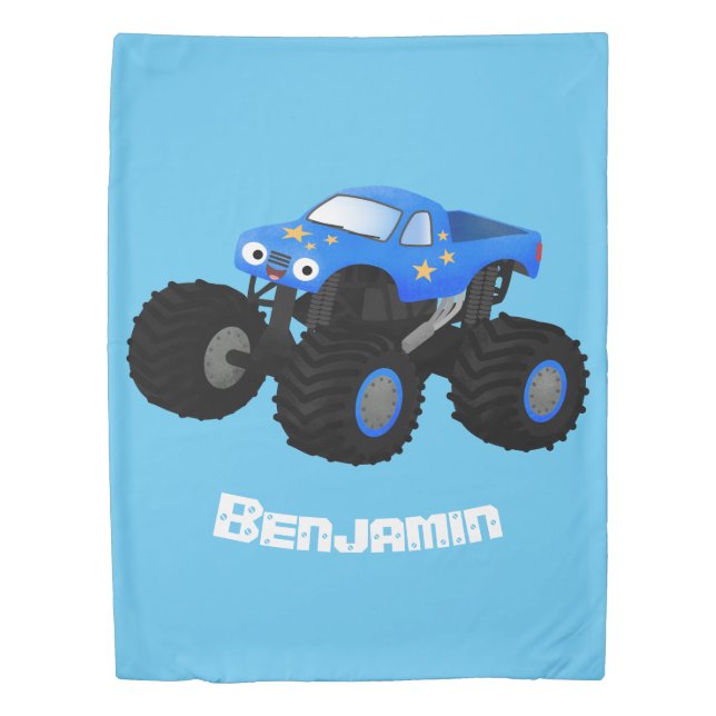 Cute blue monster truck cartoon illustration duvet cover (Front)