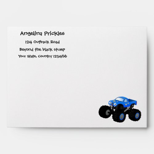 Cute blue monster truck cartoon illustration envelope