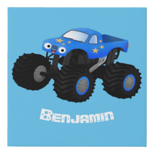 Cute blue monster truck cartoon illustration faux canvas print