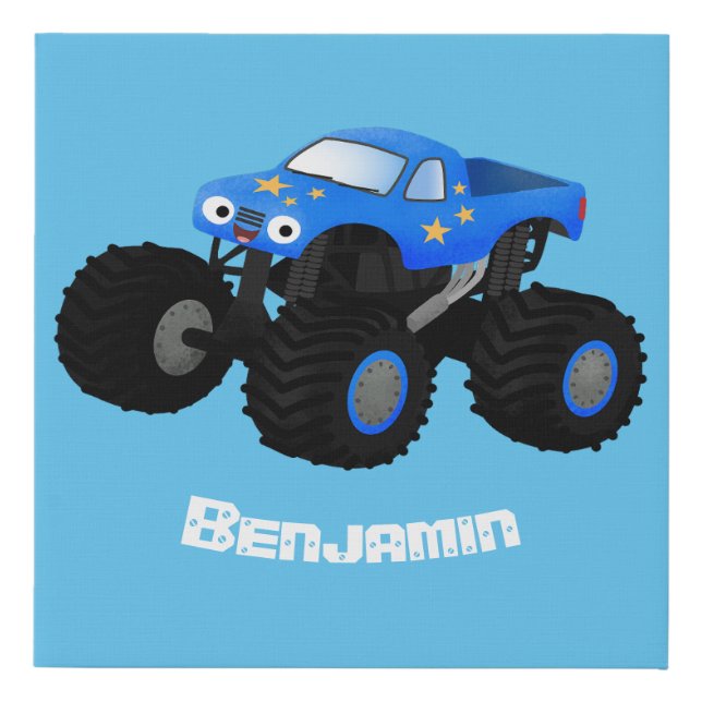 Cute blue monster truck cartoon illustration faux canvas print (Front)
