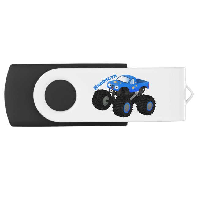 Cute blue monster truck cartoon illustration flash drive (Front)