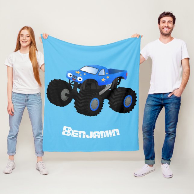 Cute blue monster truck cartoon illustration fleece blanket (In Situ)