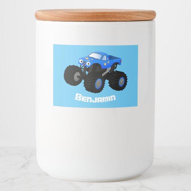 Cute blue monster truck cartoon illustration food label (Front)