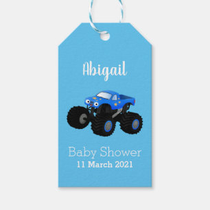 Cute blue monster truck cartoon illustration gift tags