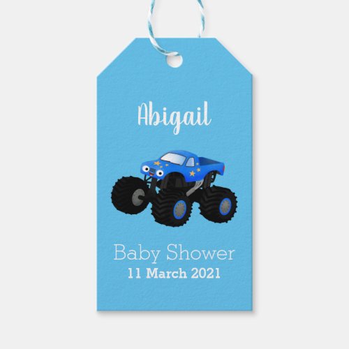 Cute blue monster truck cartoon illustration gift tags