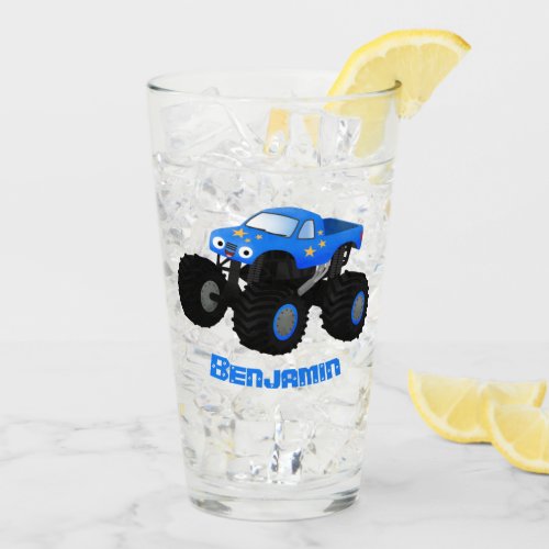 Cute blue monster truck cartoon illustration glass