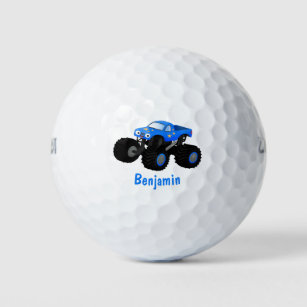 Cute blue monster truck cartoon illustration golf balls