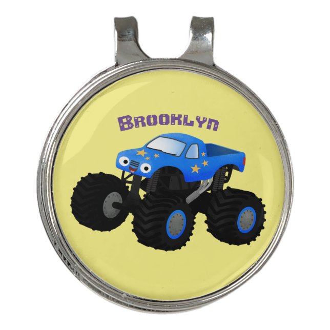 Cute blue monster truck cartoon illustration golf hat clip (Front)