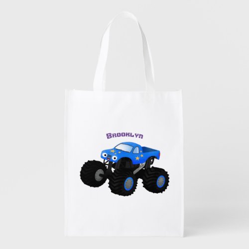 Cute blue monster truck cartoon illustration  grocery bag