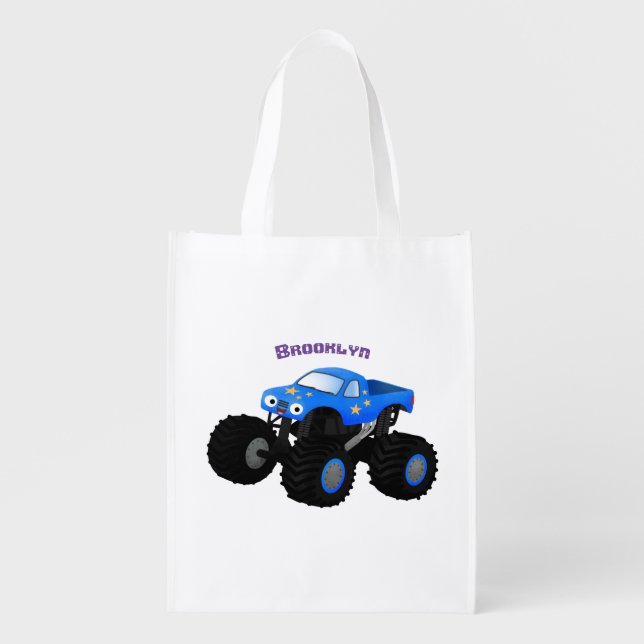 Cute blue monster truck cartoon illustration  grocery bag (Front)