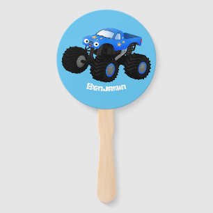 Cute blue monster truck cartoon illustration hand fan