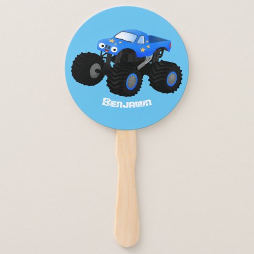 Cute blue monster truck cartoon illustration hand fan