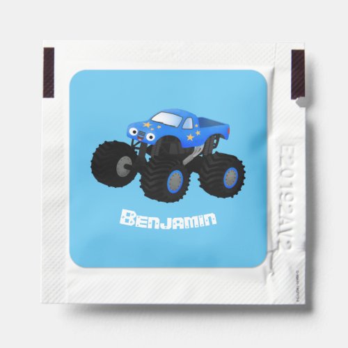 Cute blue monster truck cartoon illustration hand sanitizer packet