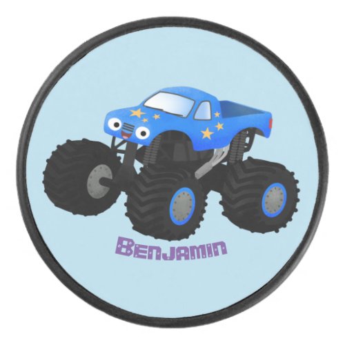 Cute blue monster truck cartoon illustration hockey puck