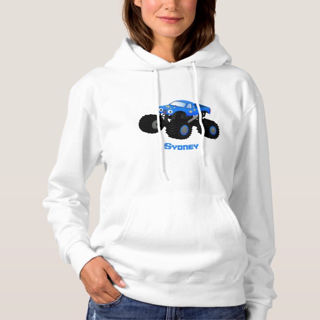 Cute blue monster truck cartoon illustration hoodie (Front)