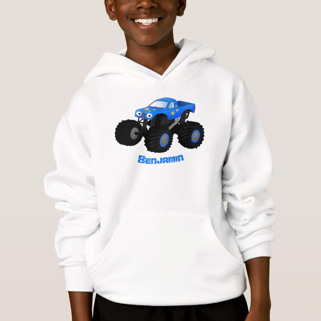 Cute blue monster truck cartoon illustration hoodie (Front)