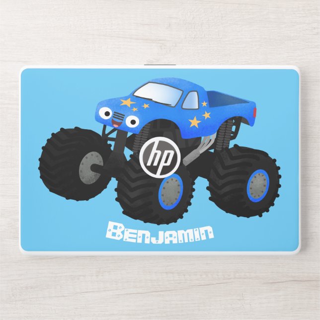 Cute blue monster truck cartoon illustration HP laptop skin (Front)