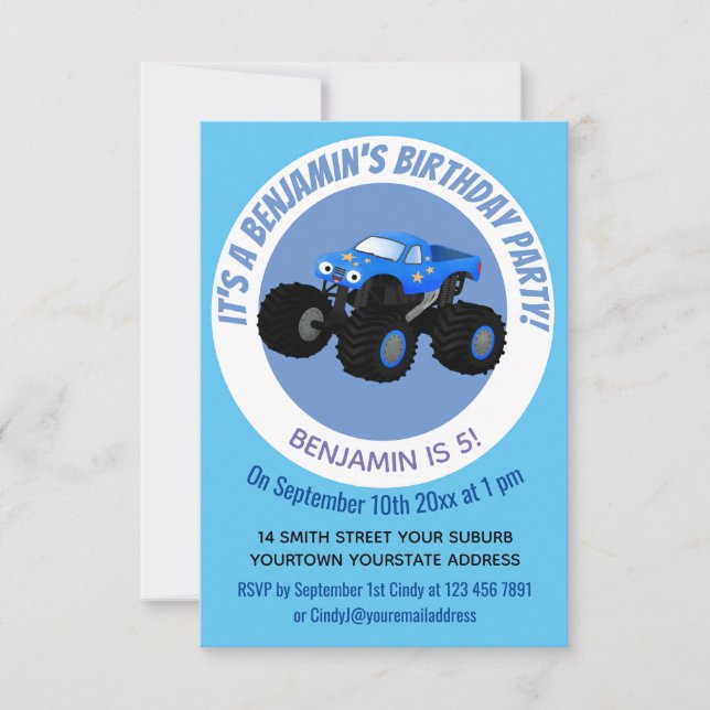 Cute blue monster truck cartoon illustration invitation (Front)