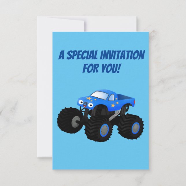 Cute blue monster truck cartoon illustration invitation (Back)