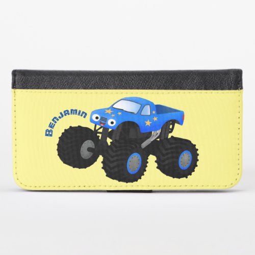 Cute blue monster truck cartoon illustration iPhone x wallet case