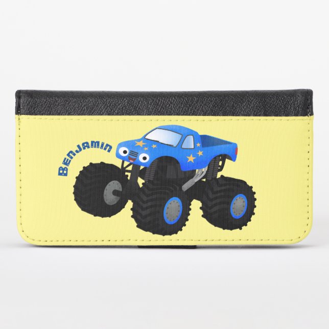 Cute blue monster truck cartoon illustration iPhone wallet case (Front (Horizontal))