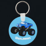 Cute blue monster truck cartoon illustration keychain<br><div class="desc">This cute blue monster truck is ready for racing action. High octane race trucker fun drawn in happy cartoon style!</div>