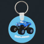 Cute blue monster truck cartoon illustration keychain<br><div class="desc">This cute blue monster truck is ready for racing action. High octane race trucker fun drawn in happy cartoon style!</div>
