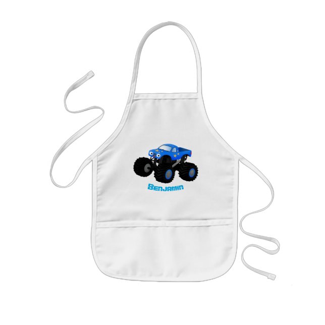 Cute blue monster truck cartoon illustration kids' apron (Front)