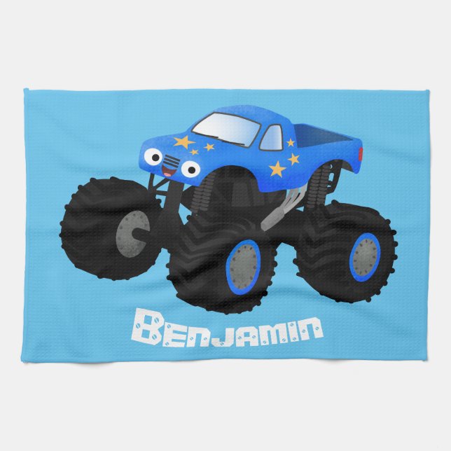 Cute blue monster truck cartoon illustration kitchen towel (Horizontal)