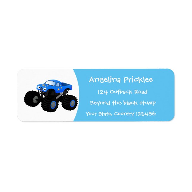 Cute blue monster truck cartoon illustration label (Front)