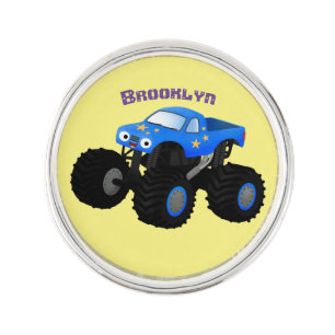 Cute blue monster truck cartoon illustration lapel pin