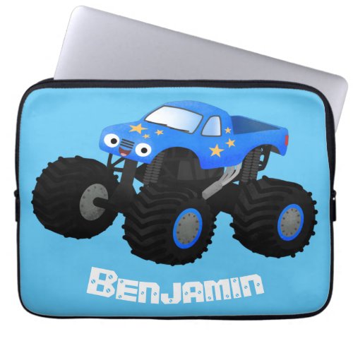 Cute blue monster truck cartoon illustration laptop sleeve