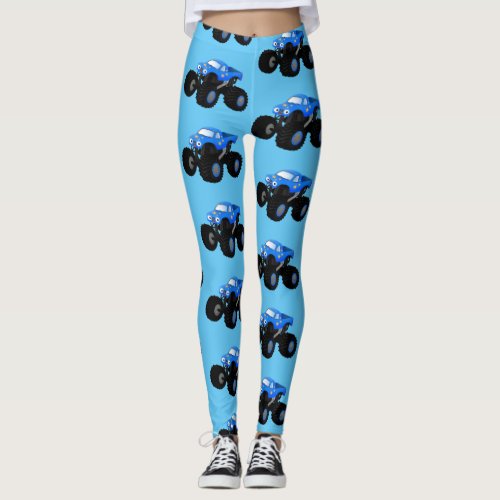 Cute blue monster truck cartoon illustration leggings