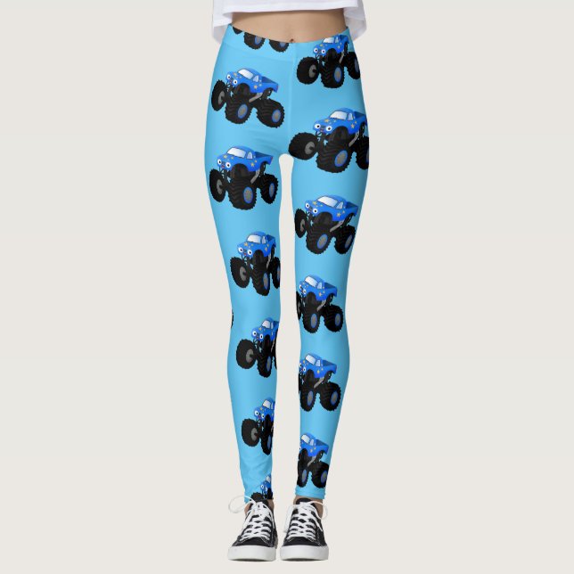 Cute blue monster truck cartoon illustration leggings (Front)