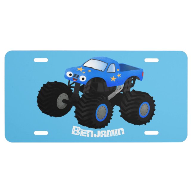 Cute blue monster truck cartoon illustration license plate (Front)