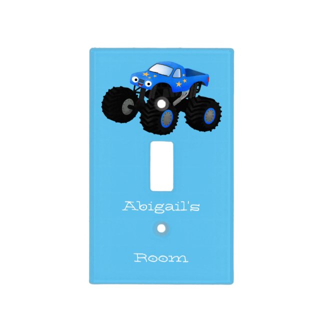 Cute blue monster truck cartoon illustration light switch cover (Front)
