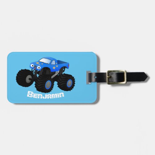 Cute blue monster truck cartoon illustration luggage tag