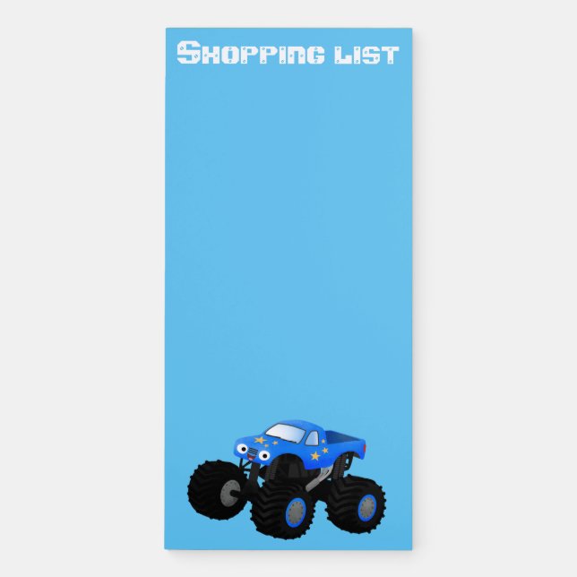 Cute blue monster truck cartoon illustration magnetic notepad (Front)