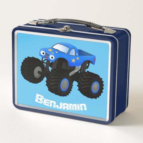 Cute blue monster truck cartoon illustration metal lunch box