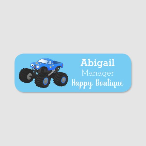 Cute blue monster truck cartoon illustration  name tag