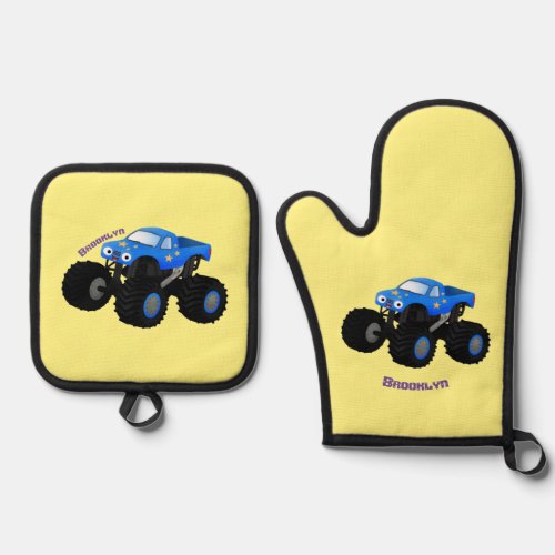 Cute blue monster truck cartoon illustration oven mitt  pot holder set